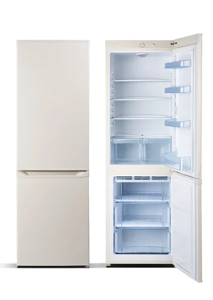 Refrigerators,beige  color, combi  with freezer,  open door, isolated on white — Stock Photo, Image