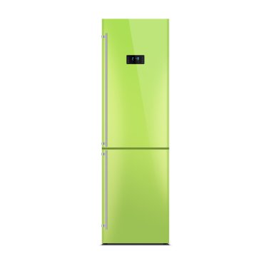 Shiny lime refrigerator isolated on white. Glossy finish. Fridge freezer. The external LED display, with blue glow. Satin chrome handles.