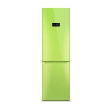 Shiny lime refrigerator isolated on white. Glossy finish. Fridge freezer. The external LED display, with blue glow.
