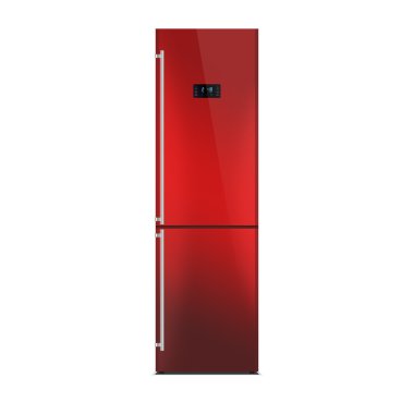 Shiny red refrigerator isolated on white. Glossy finish. Fridge freezer. The external LED display, with blue glow. Satin chrome handles.