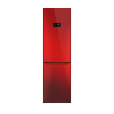 Shiny red refrigerator isolated on white. Glossy finish. Fridge freezer. The external LED display, with blue glow.