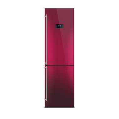 Shiny cherry refrigerator isolated on white. Glossy finish. Fridge freezer. The external LED display, with blue glow. Satin chrome handles.