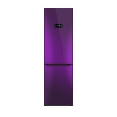 Shiny purple refrigerator isolated on white. Glossy finish. Fridge freezer. The external LED display, with blue glow.