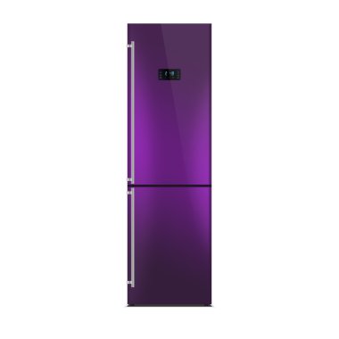 Shiny purple refrigerator isolated on white. Glossy finish. Fridge freezer. The external LED display, with blue glow. Satin chrome handles.