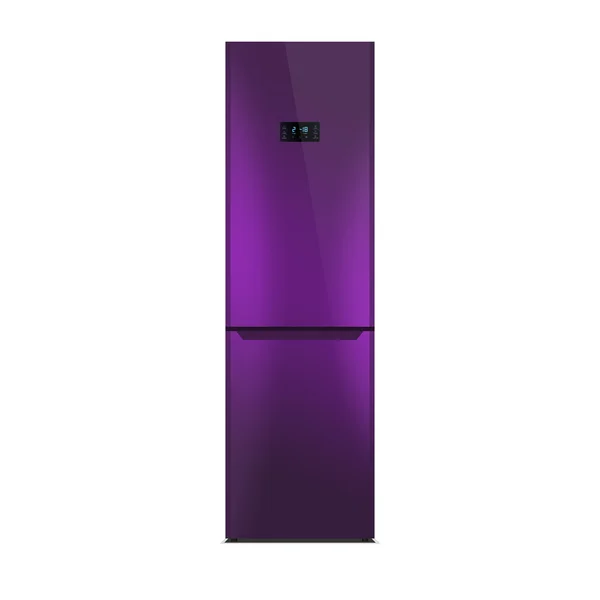 Сияющий фиолетовый холодильник изолирован на белом. Блестящая отделка. Холодильник с морозильником. Внешний светодиодный дисплей, с синим свечением . — стоковое фото