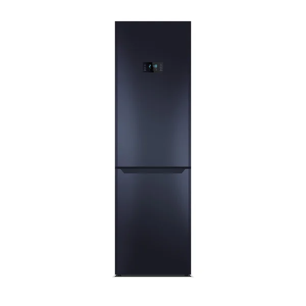 Tiefblauer Kühlschrank isoliert auf weiß. mattes Finish. Kühlschrank mit Gefrierfach. das externe LED-Display mit blauem Leuchten. — Stockfoto