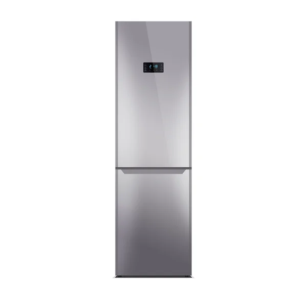 Kühlschrank aus Edelstahl isoliert auf weiß. Hochglanz. Silber. Kühlschrank mit Gefrierfach. das externe LED-Display mit blauem Leuchten. — Stockfoto