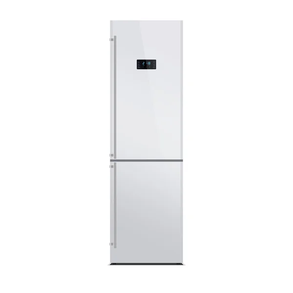 Glänzend weißer Kühlschrank isoliert auf weiß. Hochglanz. Kühlschrank mit Gefrierfach. das externe LED-Display mit blauem Leuchten. Griff aus Satin Chrom. — Stockfoto