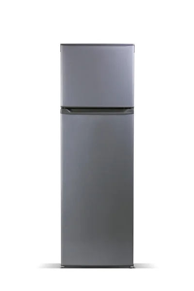 Refrigerador metálico gris. Congelador superior. Pequeño congelador refrigerador aislado en blanco — Foto de Stock