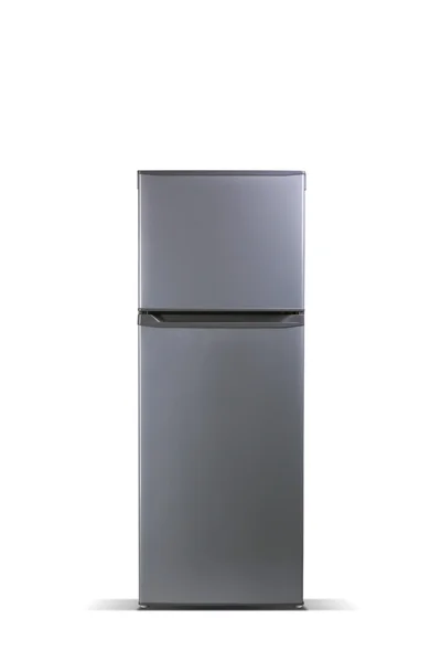 Refrigerador metálico gris. Congelador superior. Pequeño congelador refrigerador aislado en blanco — Foto de Stock