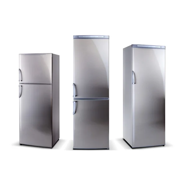 Tres refrigeradores de acero inoxidable aislados en blanco — Foto de Stock