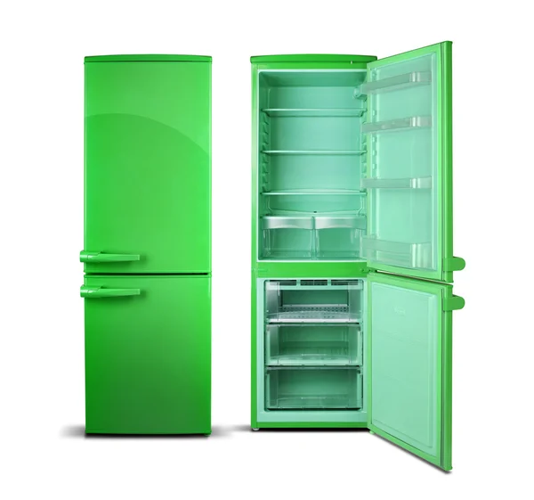 Frigorífico retro verde, portas abertas, interior verde, isolado em branco . — Fotografia de Stock