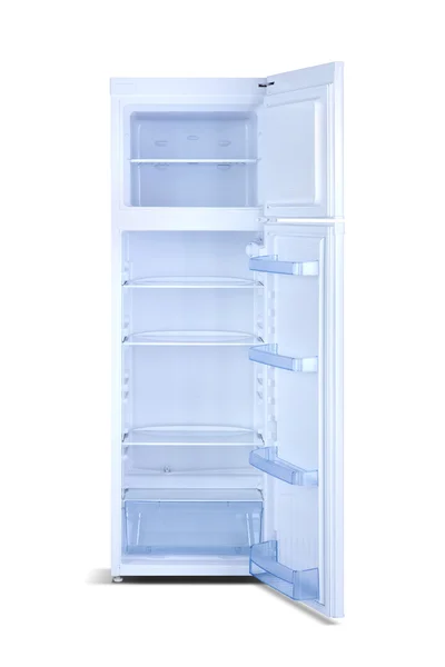 Branco aberto refriggerator limpo isolado no branco . — Fotografia de Stock