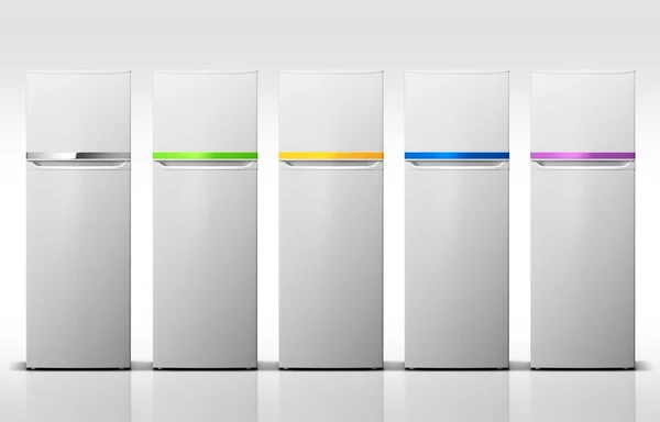 Five white refrigerators with Color line. On white background. — Stock Photo, Image