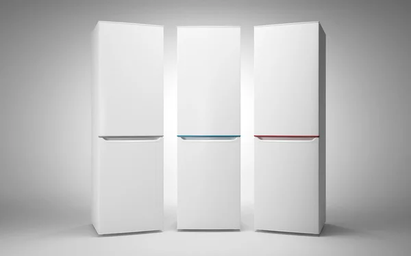 Drei weiße Kühlschränke mit Farblinie. auf weißem Hintergrund. — Stockfoto