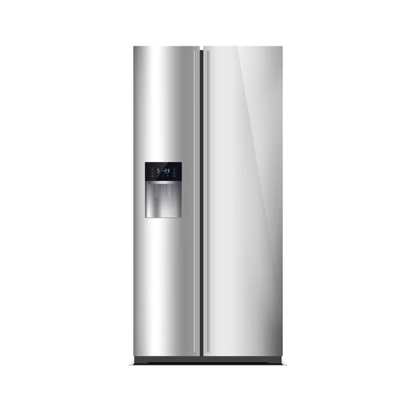 Refrigerador congelador de estilo americano aislado en blanco. La pantalla led externa, con brillo azul. Refrigerador moderno, acabado en acero inoxidable . — Foto de Stock
