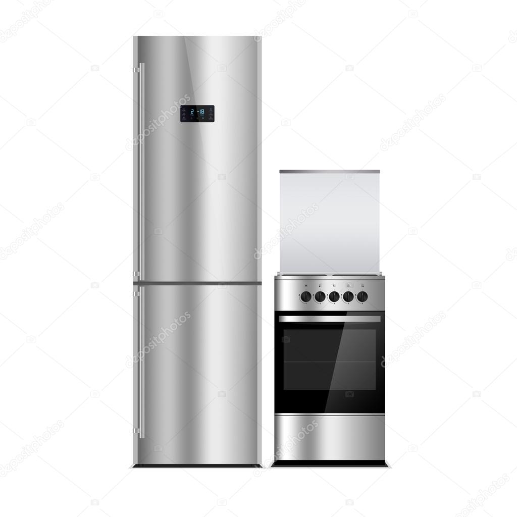 Household appliances on a white background. Stainless steel refrigerator isolated on white. Silver. Fridge freezer. The external LED display, with blue glow. Gas Cooker, stove, oven.