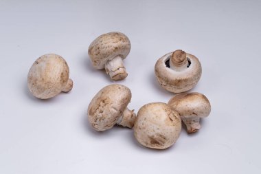 Mantar düğmesi beyaz arkaplanda izole edilmiş. sebze yemeği. Doğadan gelen yiyecek. Stüdyo ışıklandırma