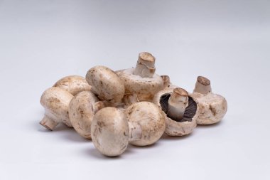 Mantar düğmesi beyaz arkaplanda izole edilmiş. sebze yemeği. Doğadan gelen yiyecek. Stüdyo ışıklandırma
