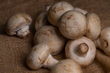 Tahta bir masa ve çuval bezi üzerinde taze mantarlar. Fotoğraf stüdyosu ışıklandırması sebze yemeği. Sümbül kutusunda düğme mantarları