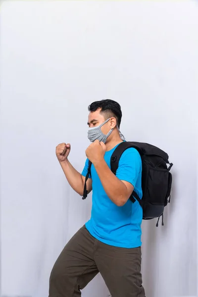 Man Black Backpack Wears Medical Mask Cloth Mask Protect Covid — Stock Photo, Image