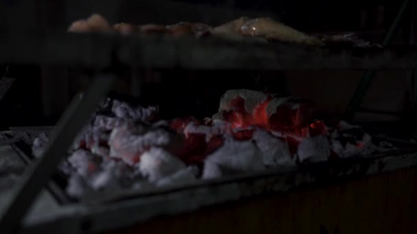 Večer Grilované Kuře Dřevěné Uhlí Hoří Tmavé Jídlo — Stock video