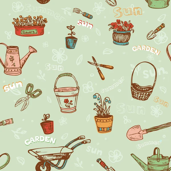 Textura com ferramentas de jardim e flores —  Vetores de Stock