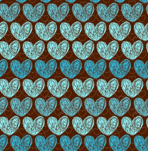 Patrón azul sin costuras con corazones de garabato — Vector de stock