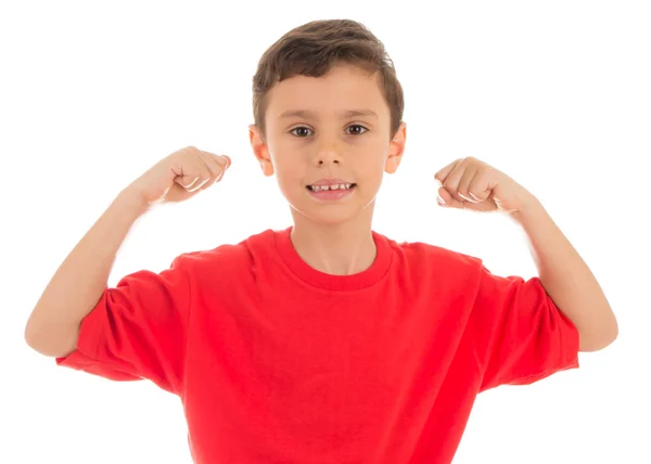 Jeune garçon fort montrant ses muscles biceps — Photo