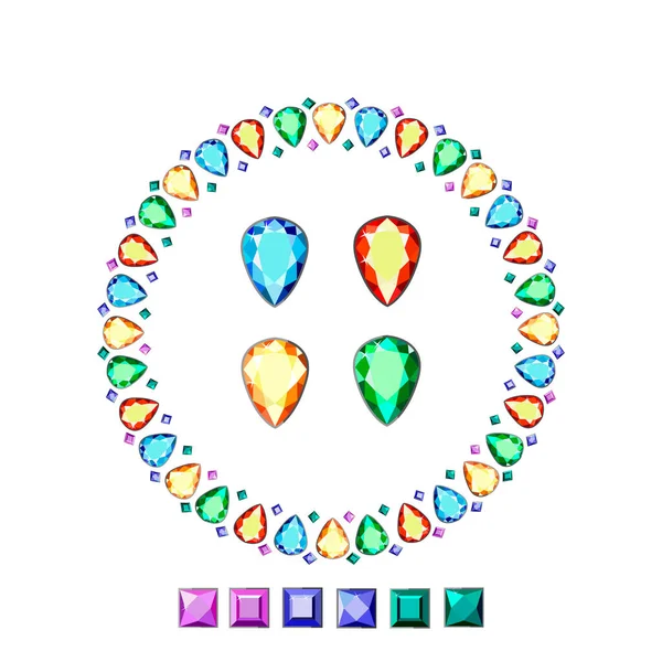 明信片上有彩色的宝石 颜色不同的宝石 金链上有不同切割的宝石 妇女用五颜六色钻石配饰 — 图库矢量图片