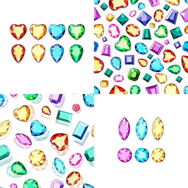 多色のダイヤモンドのパターン カラフルな宝石で壁紙 ハートの形をしたカラーダイヤモンド カラフルな宝石とポストカード 異なるカットの色の宝石 — ストックベクタ