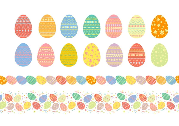 Colorful eggs for the Easter holiday. Easter set of eggs with beautiful pictures.  Seamless pattern of colorful easter eggs.