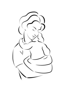 Bir kadının çocuğunu tuttuğu vektör çizimi. Çocuğun annesinin kollarında çizimler yapıyor..