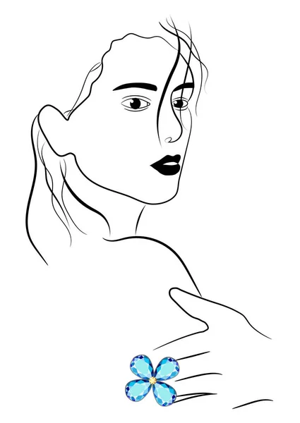 Girl Ring His Hand Linear Drawing Stylish Woman Blue Diamond — Stock Vector