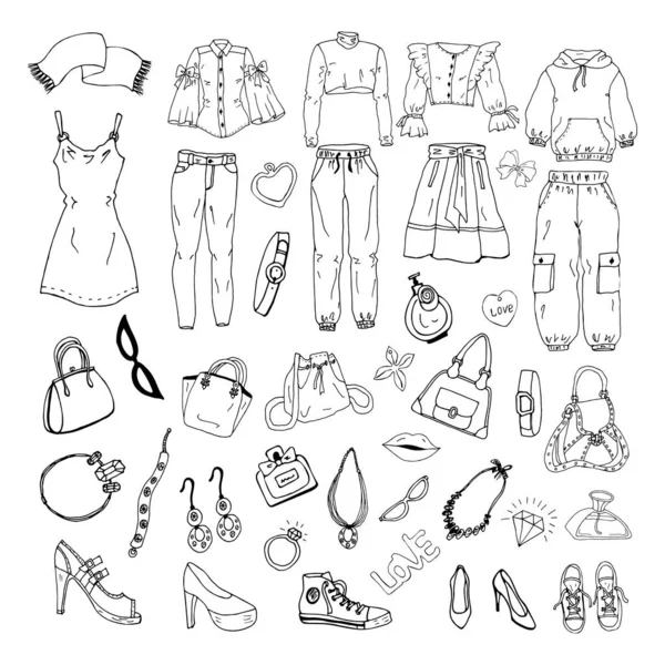 Giysiler, çantalar ve ayakkabılar. Moda çizimleri. Mücevher koleksiyonu. Sıradan bir tarz. Moda karalamaları. Kıyafet çizimleri. Seyahat bagajı. Denim giysileri. Giyin. Etek. Blazer. Külotlu çorap. Bluz. Tişört.