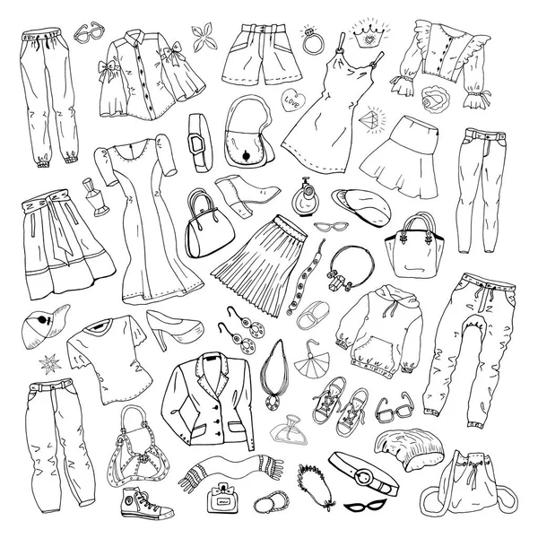 Giysiler, çantalar ve ayakkabılar. Moda çizimleri. Mücevher koleksiyonu. Sıradan bir tarz. Moda karalamaları. Kıyafet çizimleri. Seyahat bagajı. Denim giysileri. Giyin. Etek. Blazer. Külotlu çorap. Bluz. Tişört.