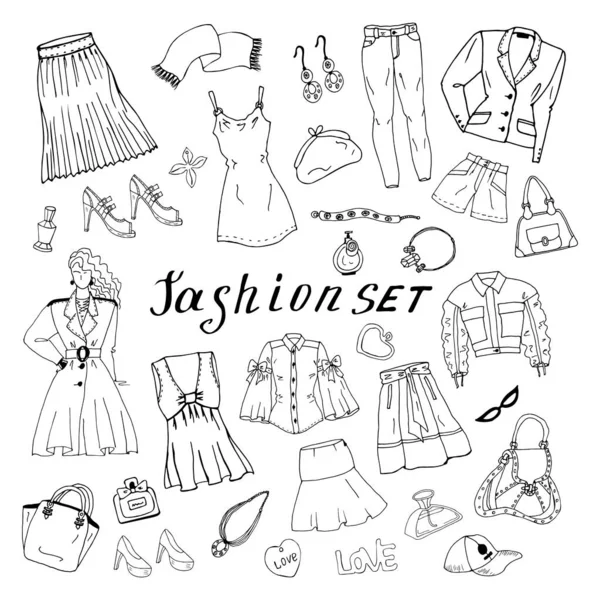 Giysiler, çantalar ve ayakkabılar. Moda çizimleri. Mücevher koleksiyonu. Sıradan bir tarz. Moda karalamaları. Kıyafet çizimleri. Seyahat bagajı. Denim giysileri. Giyin. Etek. Blazer. Külotlu çorap. Bluz. Tişört.