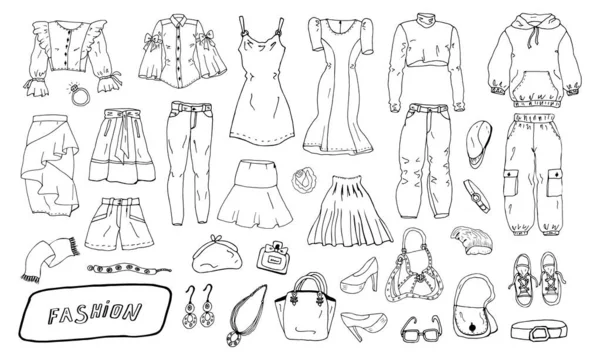 Giysiler, çantalar ve ayakkabılar. Moda çizimleri. Mücevher koleksiyonu. Sıradan bir tarz. Moda karalamaları. Kıyafet çizimleri. Seyahat bagajı. Denim giysileri. Giyin. Etek. Blazer. Külotlu çorap. Bluz. Tişört.
