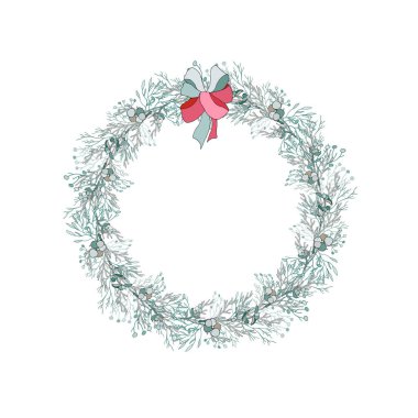 Noel çelengi, puantiye ve böğürtlen. Sezon ve Noel tasarımı şablonu, tebrik kartları, davetiyeler ve dekorasyonlar, Vektör illüstrasyonu