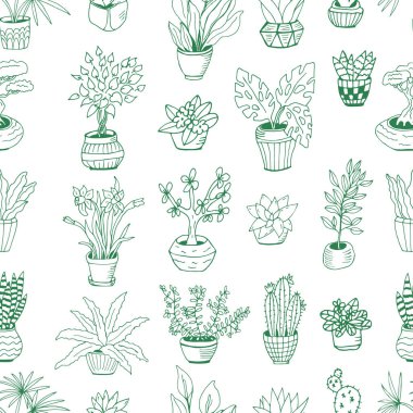 Kaktüs, dracena, aloe ve diğer bahçe aletleri de dahil olmak üzere el yapımı ev bitkilerinden oluşan büyük bir set. Karalama bitkilerinin vektör koleksiyonu.