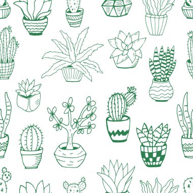 Kaktüs, dracena, aloe ve diğer bahçe aletleri de dahil olmak üzere el yapımı ev bitkilerinden oluşan büyük bir set. Karalama bitkilerinin vektör koleksiyonu.