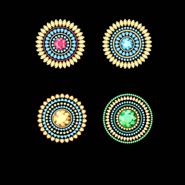 胸针是用不同颜色 不同切割的宝石制成的 用彩色钻石做的胸针做成的曼陀罗 妇女的钻石配件 — 图库矢量图片