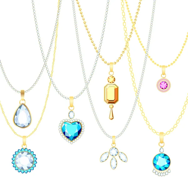 Set Cadenas Oro Con Diamantes Conjunto Piedras Preciosas Multicolores Elegantes — Vector de stock