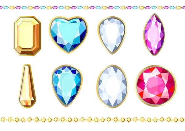 Set Gold Chains Diamonds Set Precious Multi Colored Stones Stylish — Stock Vector