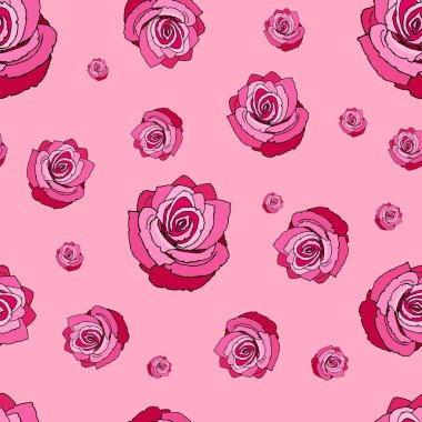 Kusursuz gül deseni. Pembe arka planda kırmızı güller olan kusursuz bir desen. Pembe arka planda kırmızı güller..