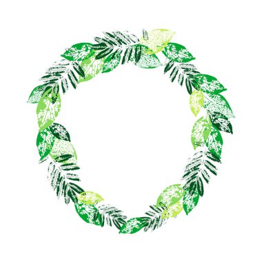 Yaprak izli tebrik kartı. Yeşil yapraklı parlak bir çelenk. Yaz yapraklı renkli bir el ilanı. Yaprak izli tebrik kartı.