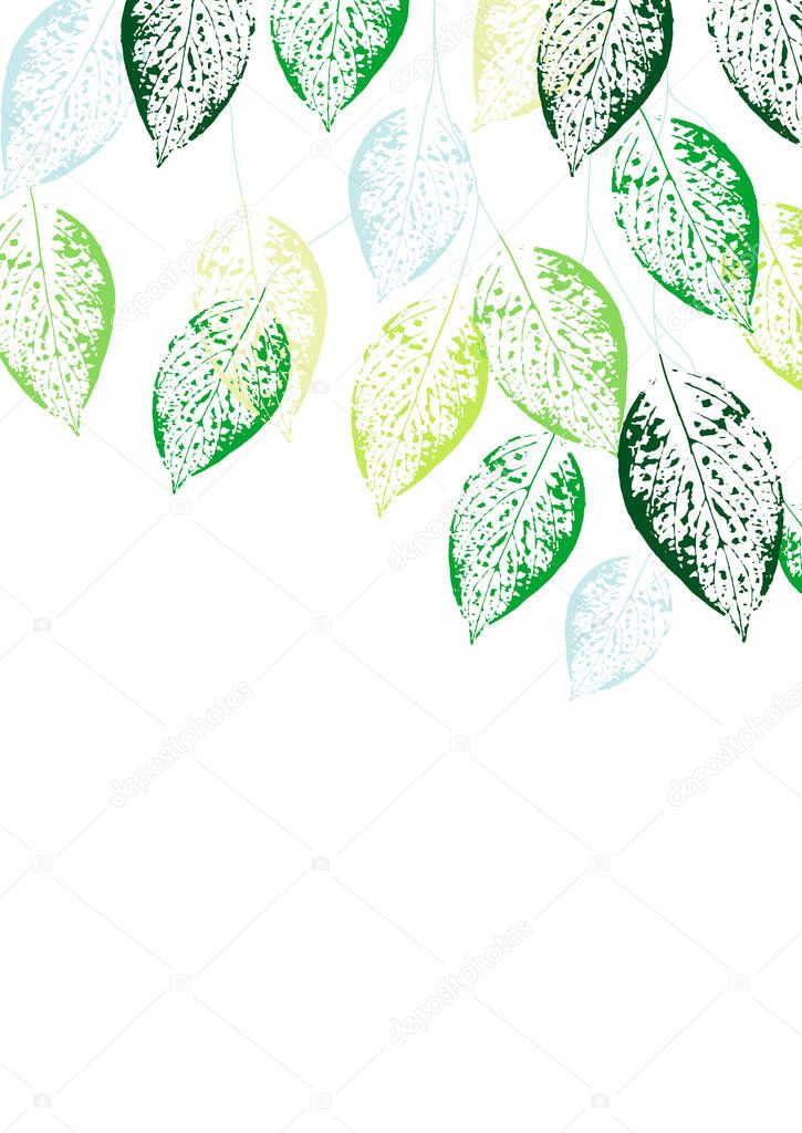 Greeting card with leaf prints. Bright wreath with green leaves. Colorful flyer with a wreath of summer leaves. Greeting card with leaf prints.