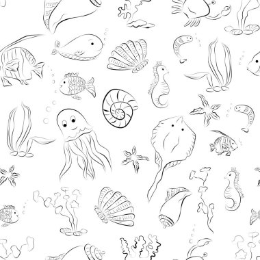 Beyaz arka planda deniz hayvanlarının çizimi. Deniz bitkileri ve hayvanların olduğu bir kartpostal. Bir dizi deniz balığı ve bitki..