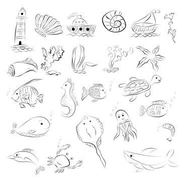 Beyaz arka planda deniz hayvanları olan kusursuz bir desen. Deniz bitkileri ve hayvanların olduğu bir kartpostal. Bir dizi deniz balığı ve bitki..