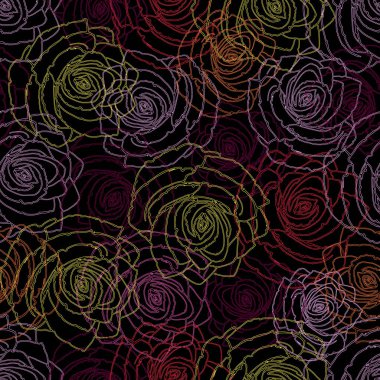 Çok renkli güllerin kusursuz deseni. Güzel çiçeklerden yapılmış şık bir duvar kağıdı. Çok renkli güllerin parlak deseni.